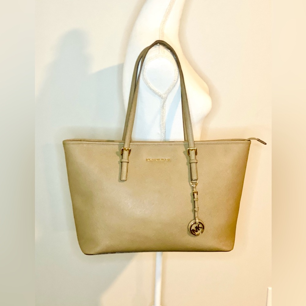Michael Kors Laptop Tote Jet Set Saffiano Leather Purse Beige
